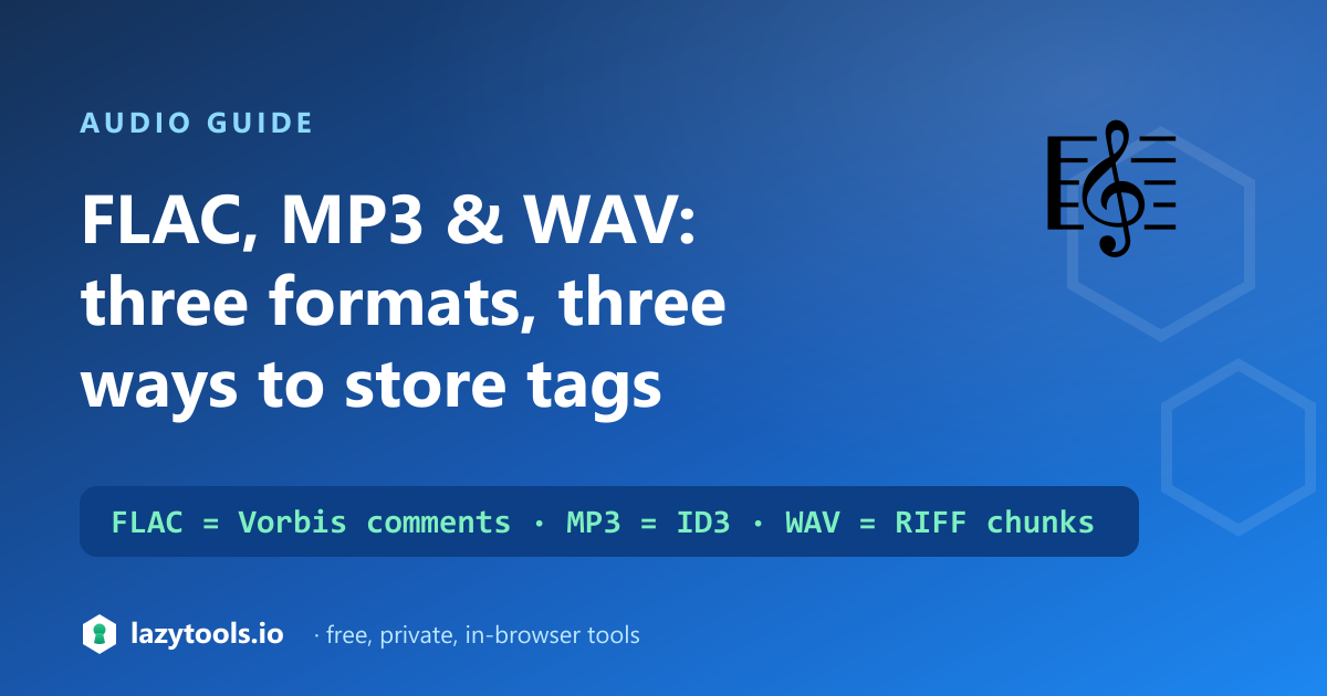 FLAC storing Vorbis comments, MP3 storing ID3 tags and WAV storing RIFF chunks, side by side