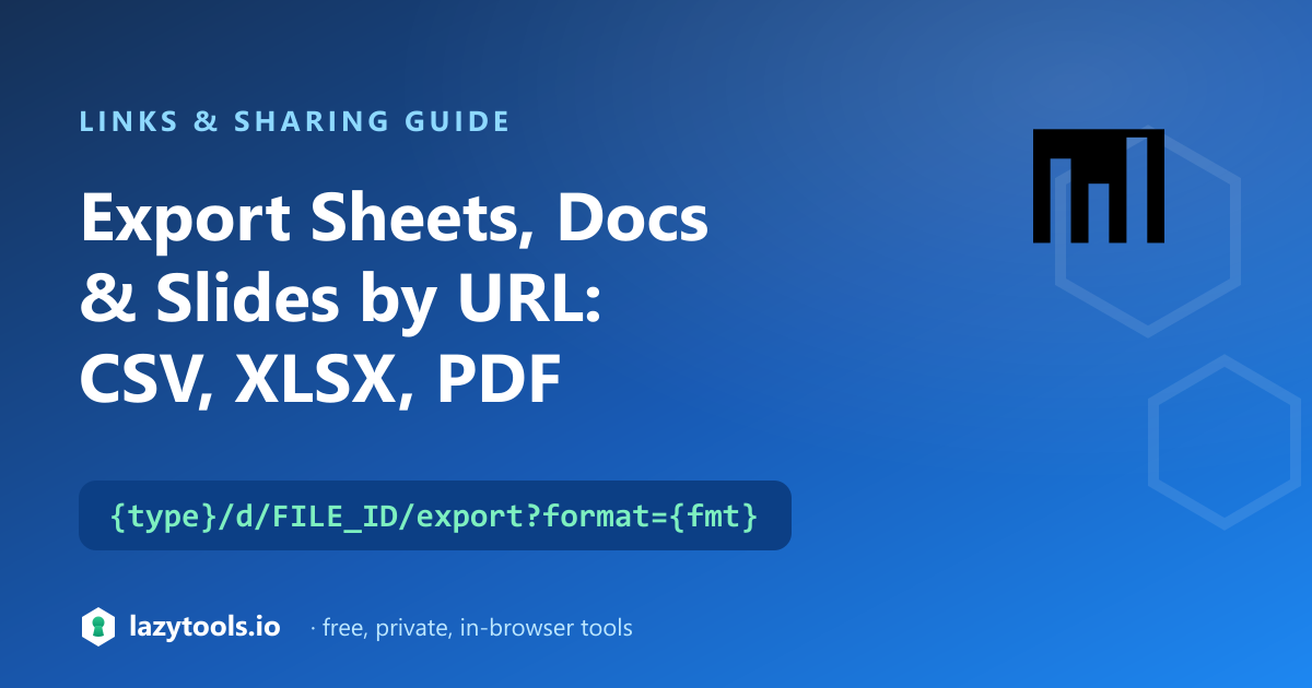 Google Sheets, Docs and Slides export endpoints shown as URLs producing CSV, XLSX, PDF, DOCX and PPTX files