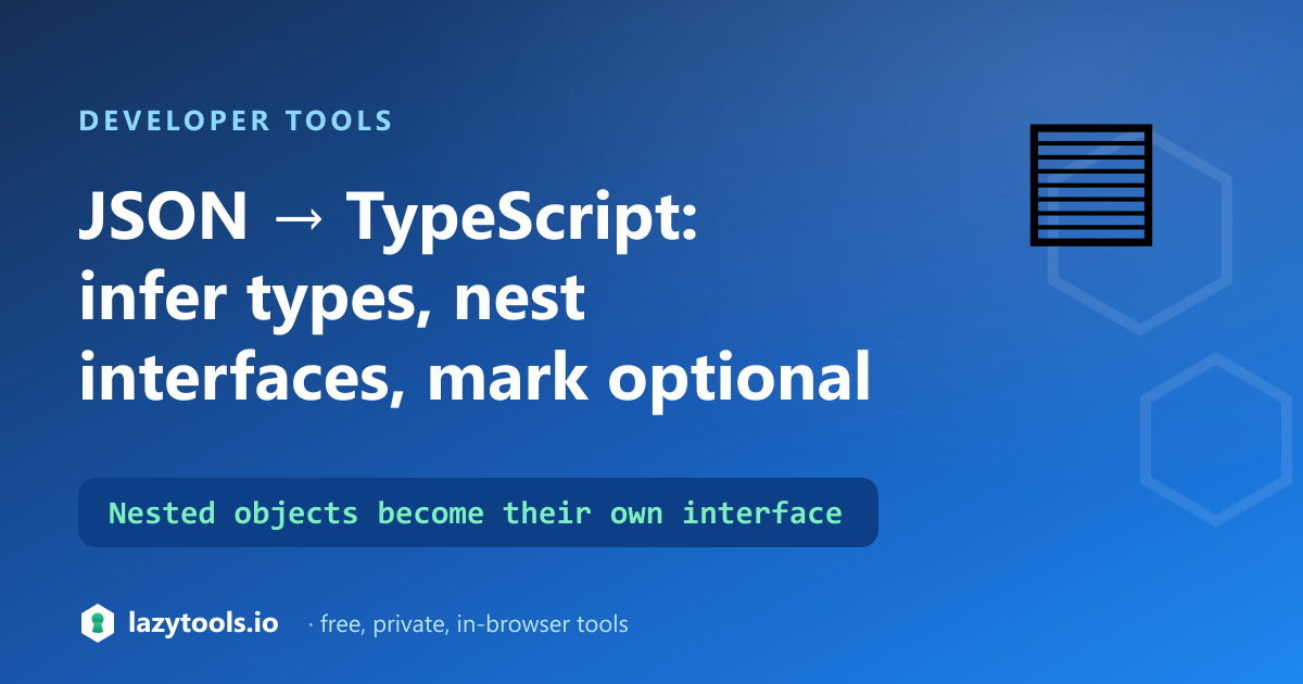 JSON values mapped to TypeScript interface fields, with nested objects becoming their own interface.