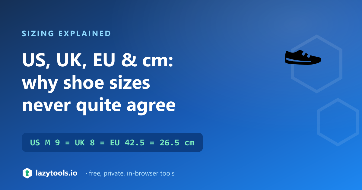 Shoe size conversion guide — US 9 equals UK 8 equals EU 42.5 equals 26.5 cm