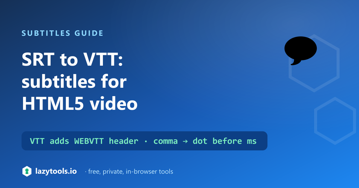 An SRT subtitle cue transformed into a WebVTT cue, showing the three changes: a WEBVTT header added, the millisecond comma changed to a dot, and the cue index removed
