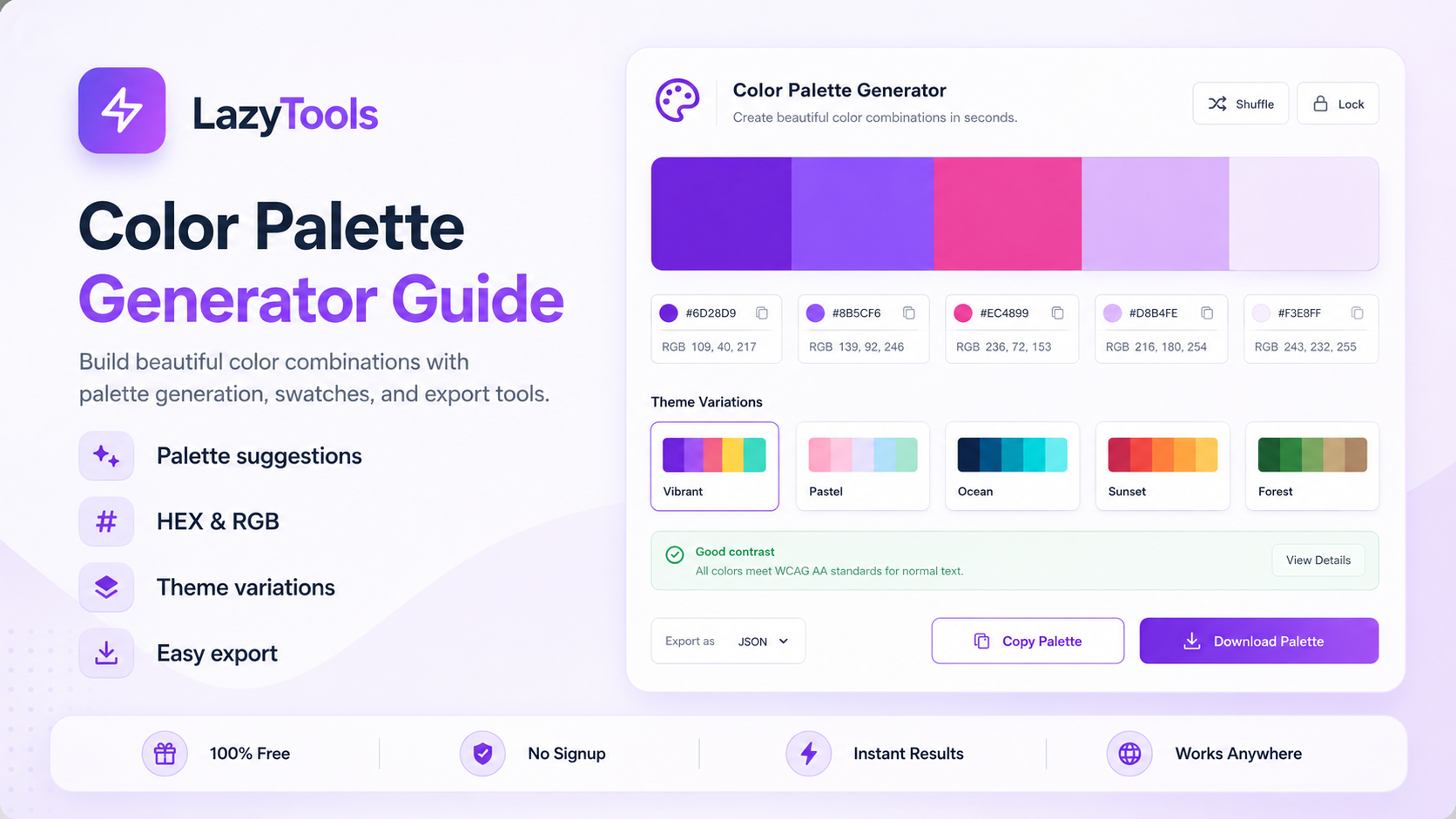 LazyTools Color Palette Generator Guide feature image showing a purple color palette generator dashboard with color swatches, HEX and RGB values, theme variations, contrast status, copy palette, and download options.