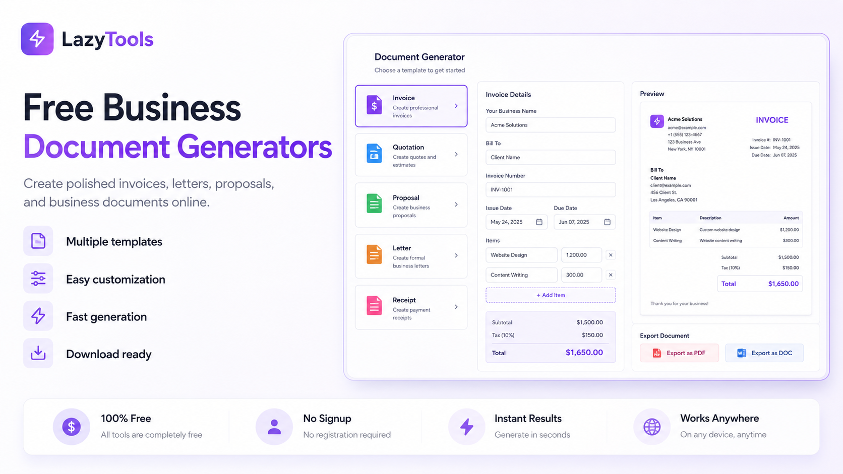 LazyTools Free Business Document Generators feature image showing a modern document generator interface with invoice, quotation, proposal, letter, and receipt templates, invoice form fields, document preview, and export options.