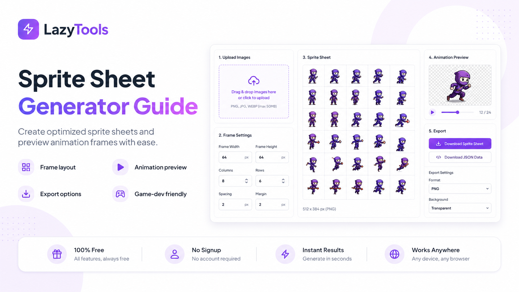 LazyTools Sprite Sheet Generator Guide feature image showing a modern sprite sheet creation dashboard with image upload, frame settings, character sprite grid, animation preview, and export options.